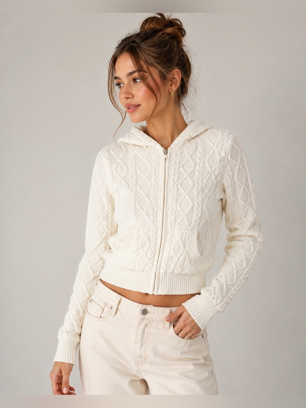 SKIMS Sweater Knit Shrunken Zip Up Hoodie Ivory Cable Knit Cropped